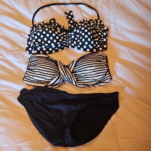 Black and White Polka Dot and Striped Bikini Set